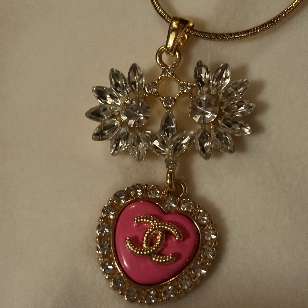 Upcycled Vintage Jewelry with Pink CC Heart Pendant Necklace - Picture 4 of 7
